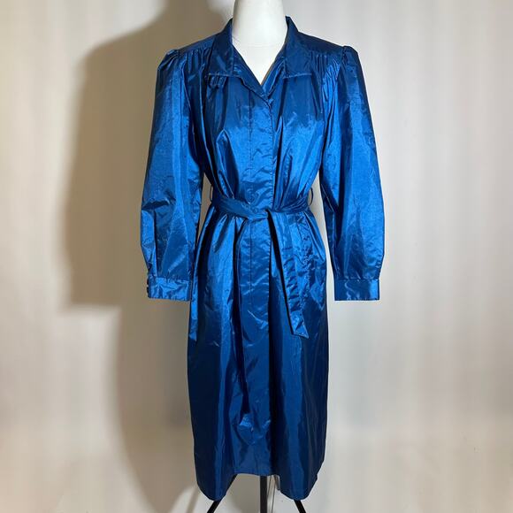 Vintage Jennifer Hill Blue Shiny Belted Tie Sash Long Trench Coat Womens Size 8 - Picture 1 of 16